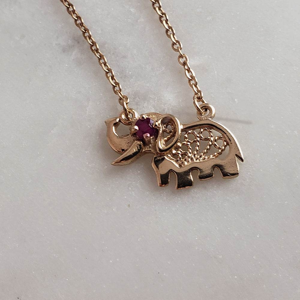 Charm Necklace Collection with Ruby – Angel Wings, Elephant, Cross – Gold over Bronze - TurkishBling