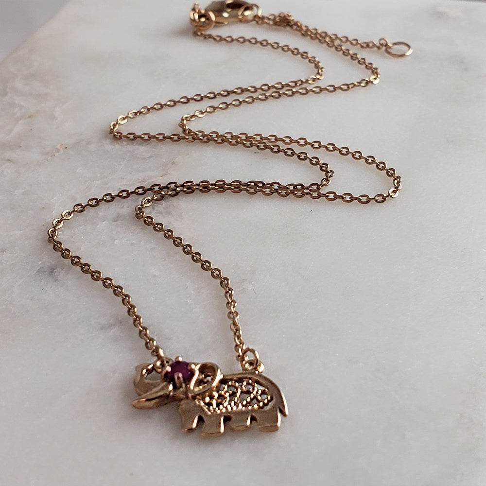 Charm Necklace Collection with Ruby – Angel Wings, Elephant, Cross – Gold over Bronze - TurkishBling