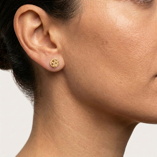 Round Gold Filigree Bead Stud Earrings with Diamond Cut