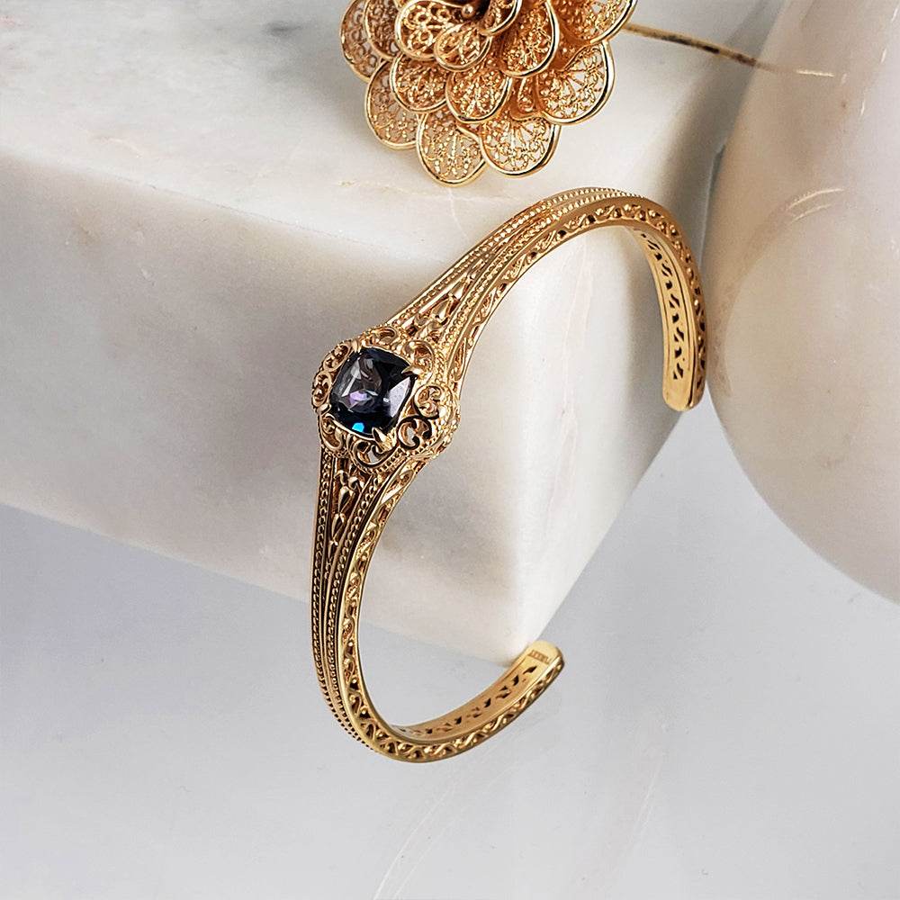 London Blue Topaz Colored Quartz Scrollwork Bangle Bracelet - TurkishBling