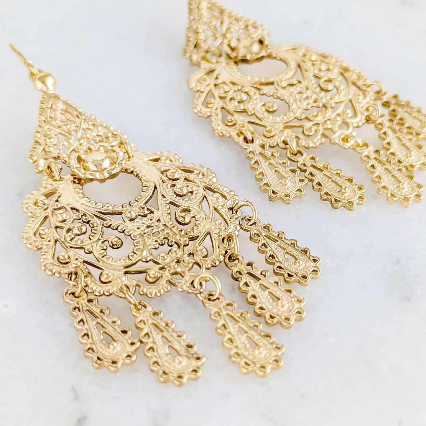 Gold Filigree Chandelier Earrings – Vintage-Inspired 2 3/8 Inch Dangle Earrings