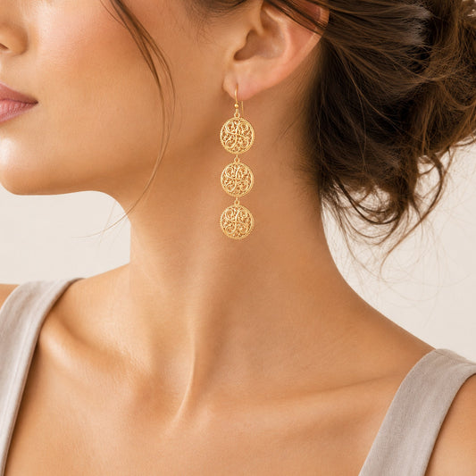 Triple Filigree Disc Drop Earrings