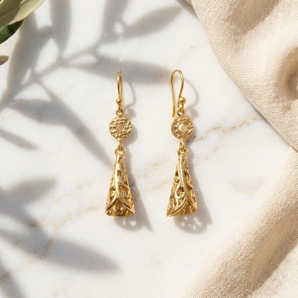 Filigree Cone Drop Earrings with Open Scroll Detail