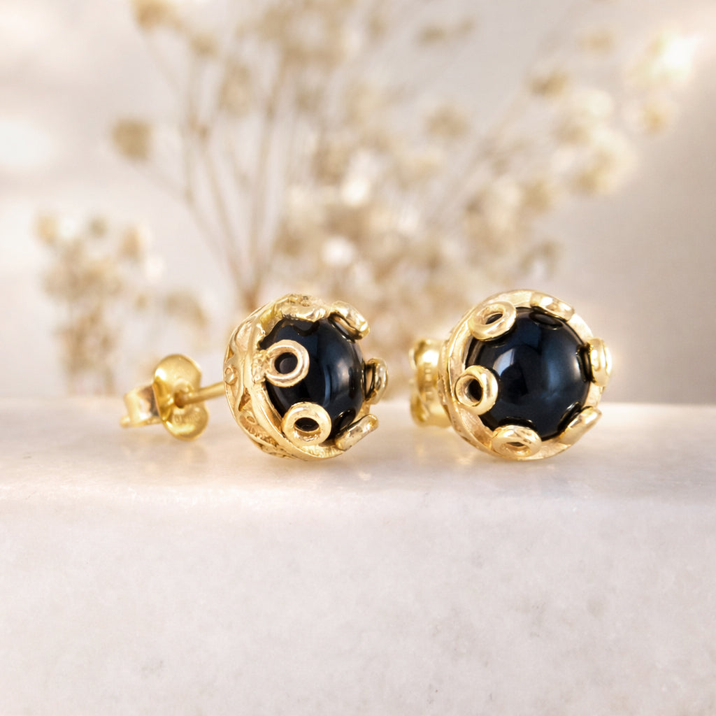 Black Onyx Stud Earrings Floral Frame