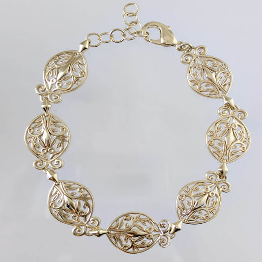 Filigree Link Bracelet with Ornate Detailing - Artisan Handmade Floral Bracelet in 18K Gold Over Bronze - TurkishBling