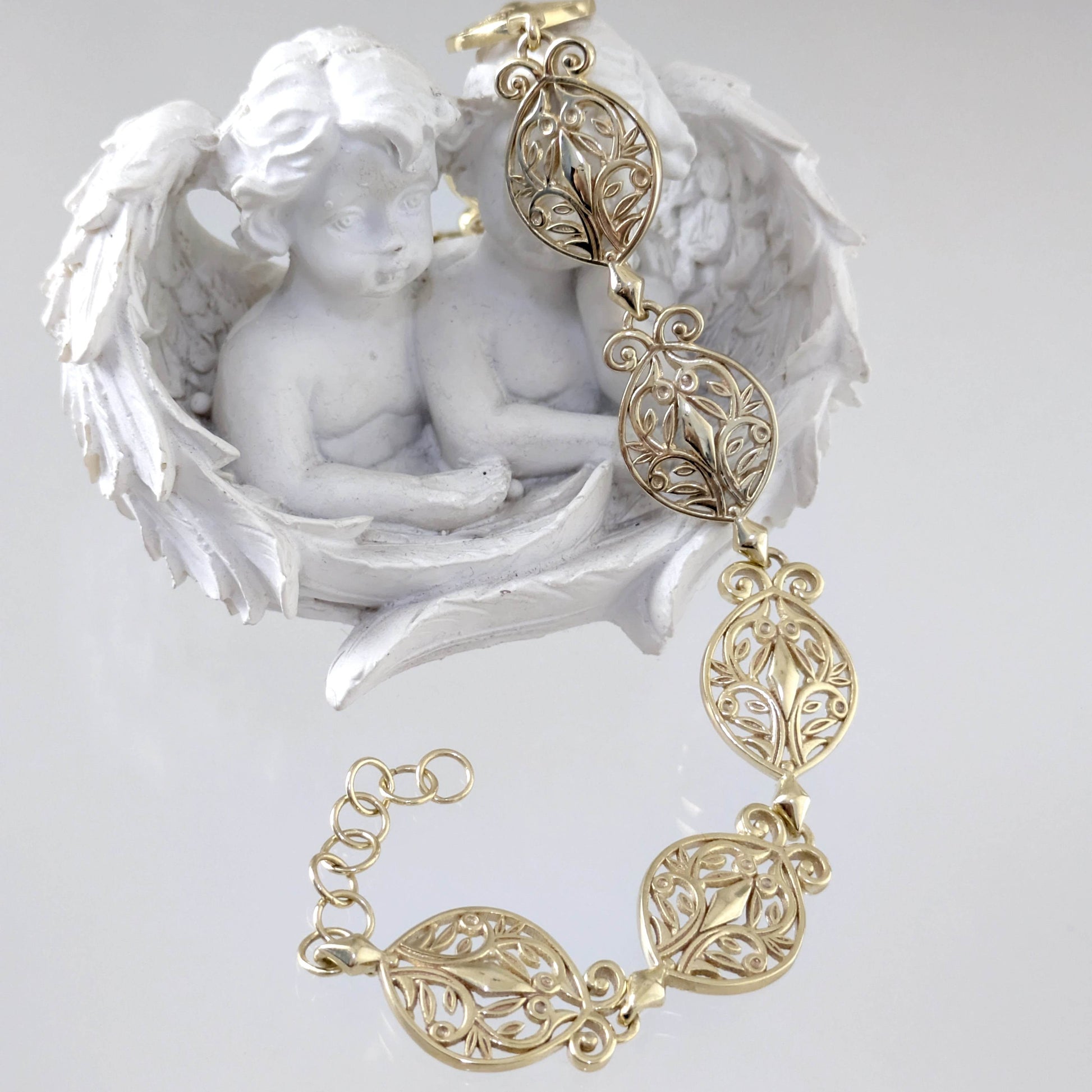 Filigree Link Bracelet with Ornate Detailing - Artisan Handmade Floral Bracelet in 18K Gold Over Bronze - TurkishBling