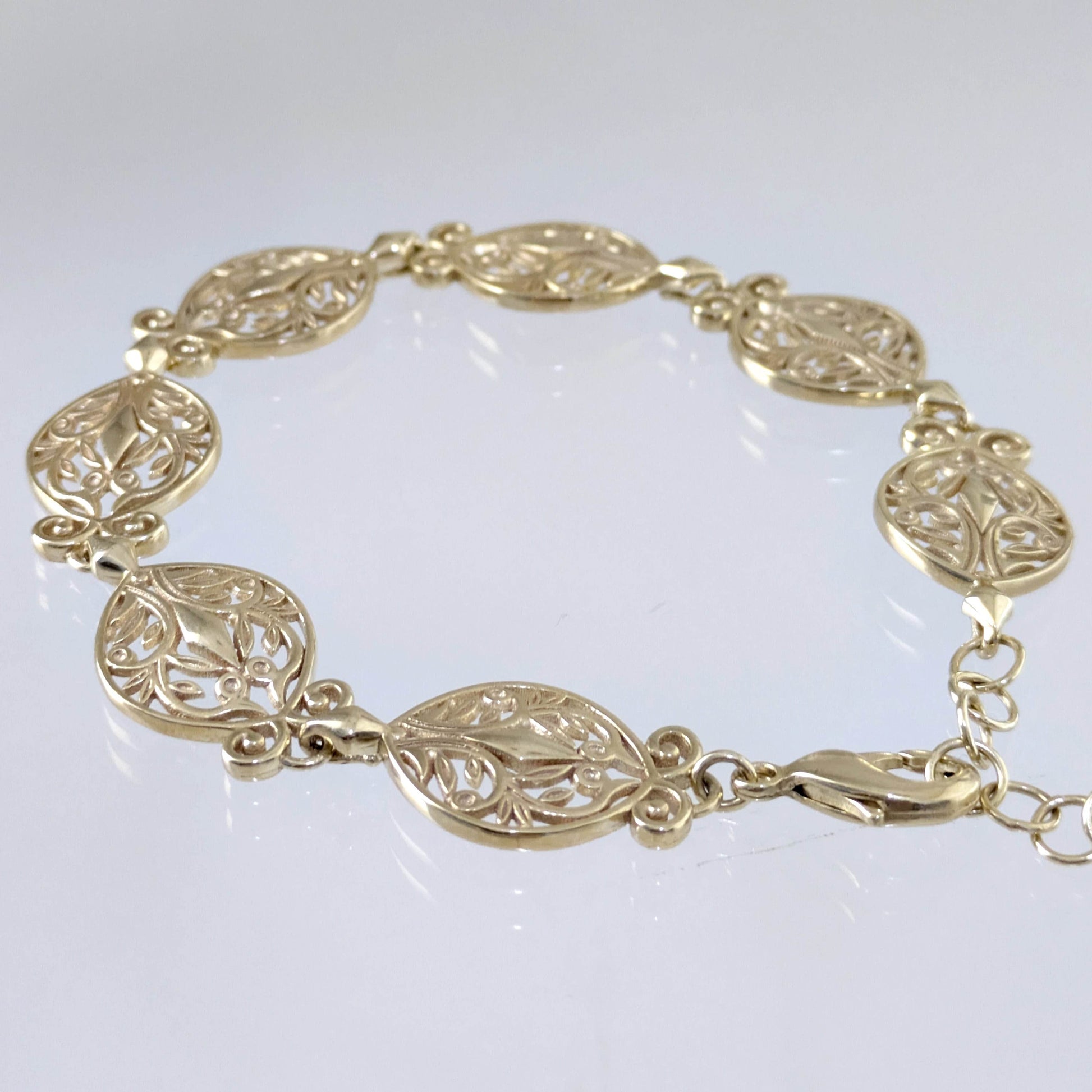 Filigree Link Bracelet with Ornate Detailing - Artisan Handmade Floral Bracelet in 18K Gold Over Bronze - TurkishBling