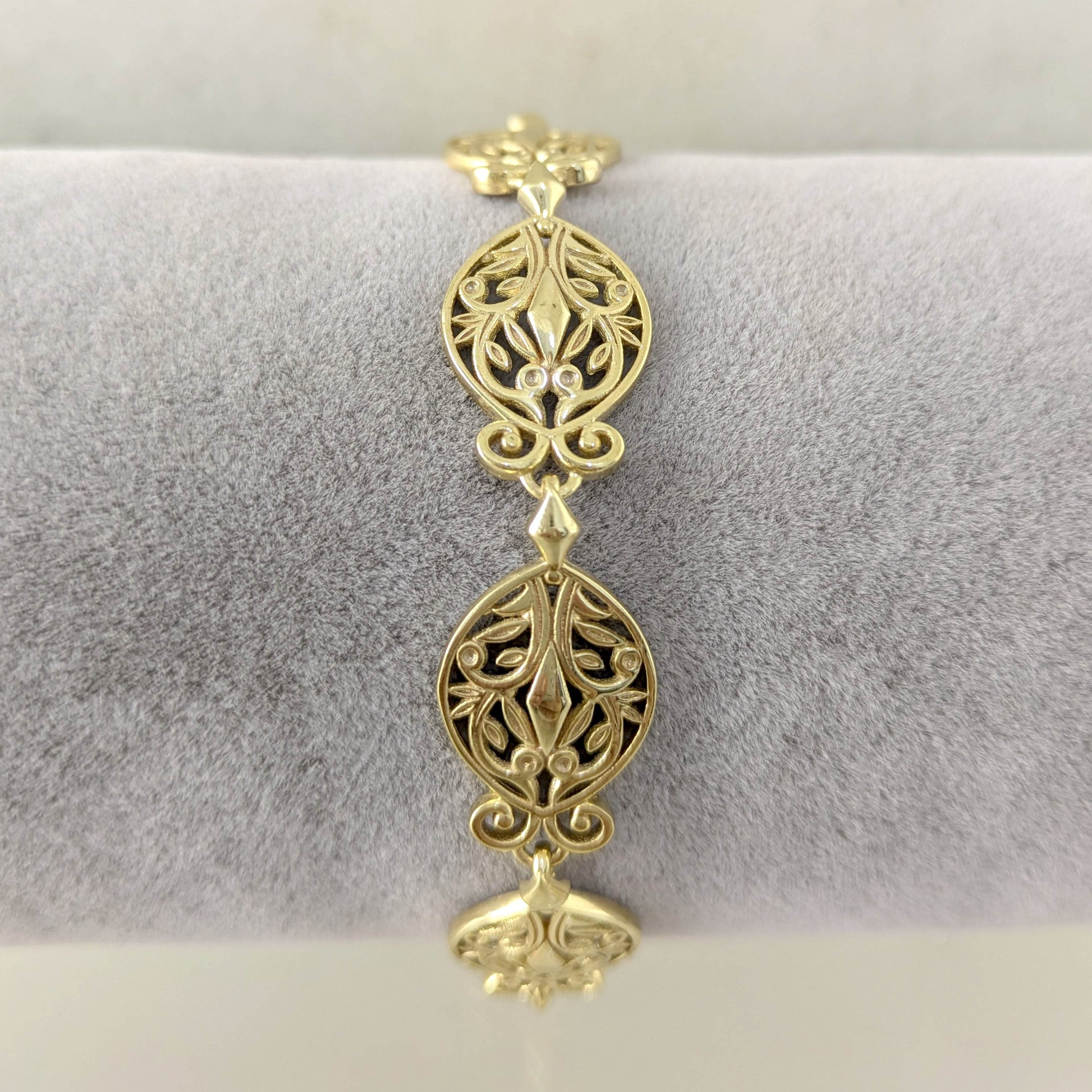 Filigree Link Bracelet with Ornate Detailing - Artisan Handmade Floral Bracelet in 18K Gold Over Bronze - TurkishBling