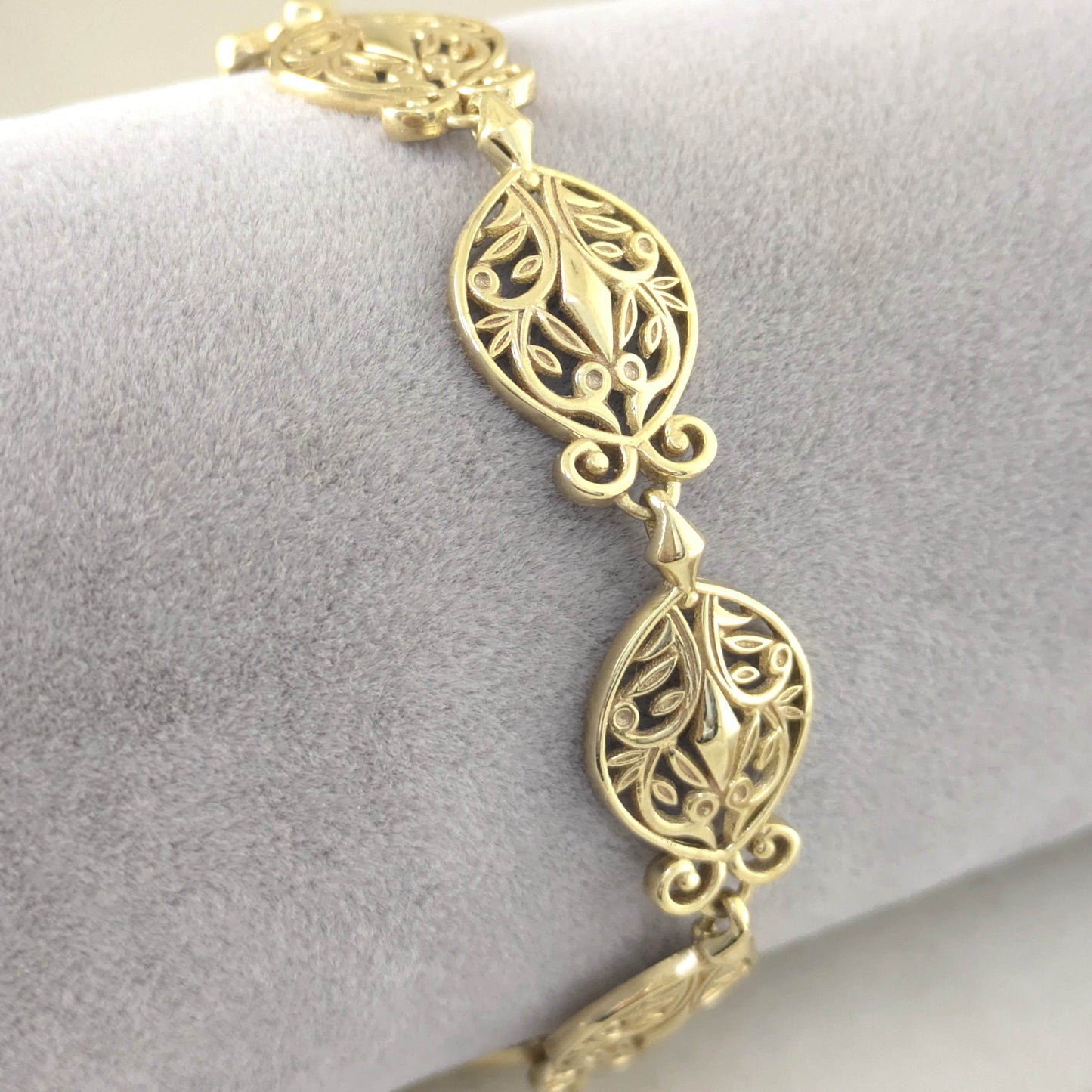 Filigree Link Bracelet with Ornate Detailing - Artisan Handmade Floral Bracelet in 18K Gold Over Bronze - TurkishBling