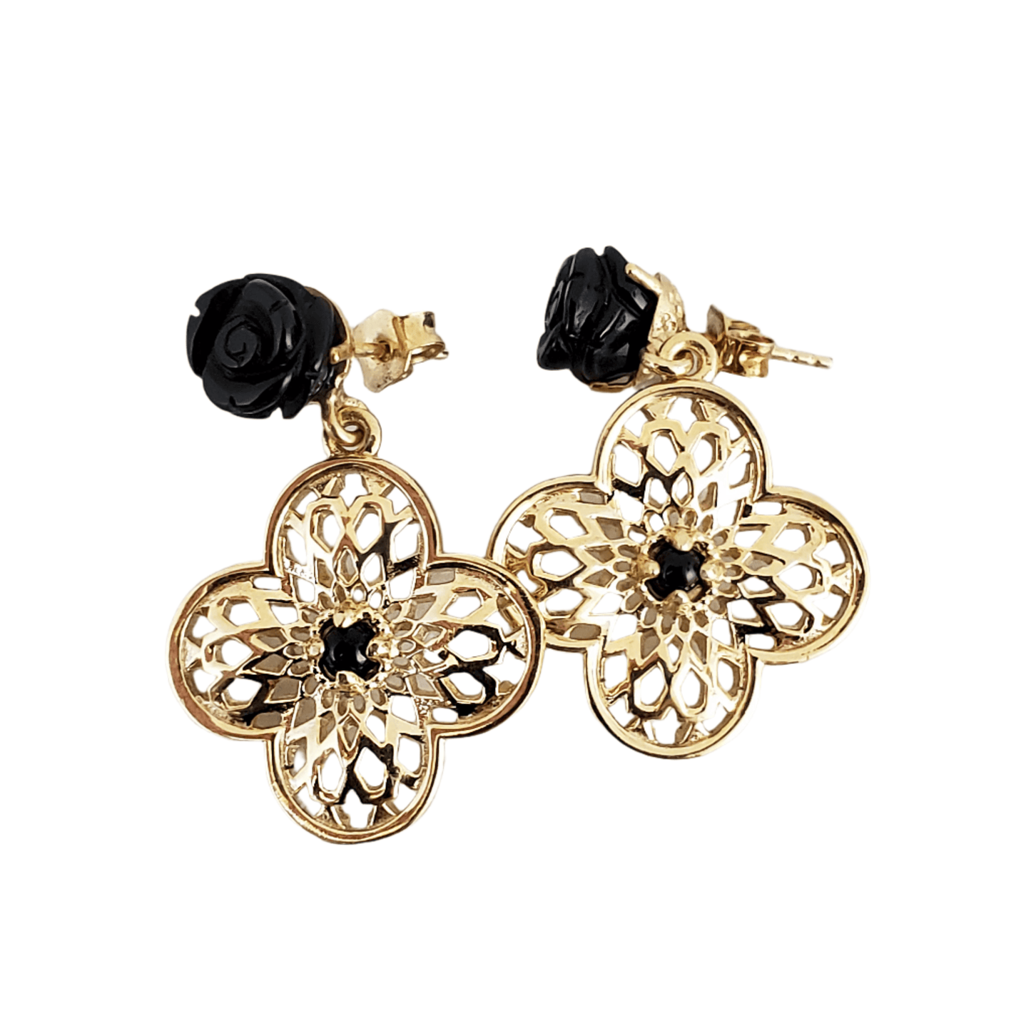 Carved Rose Black Agate Clover Shape Geometric Cut Out Post Earrings - TurkishBling