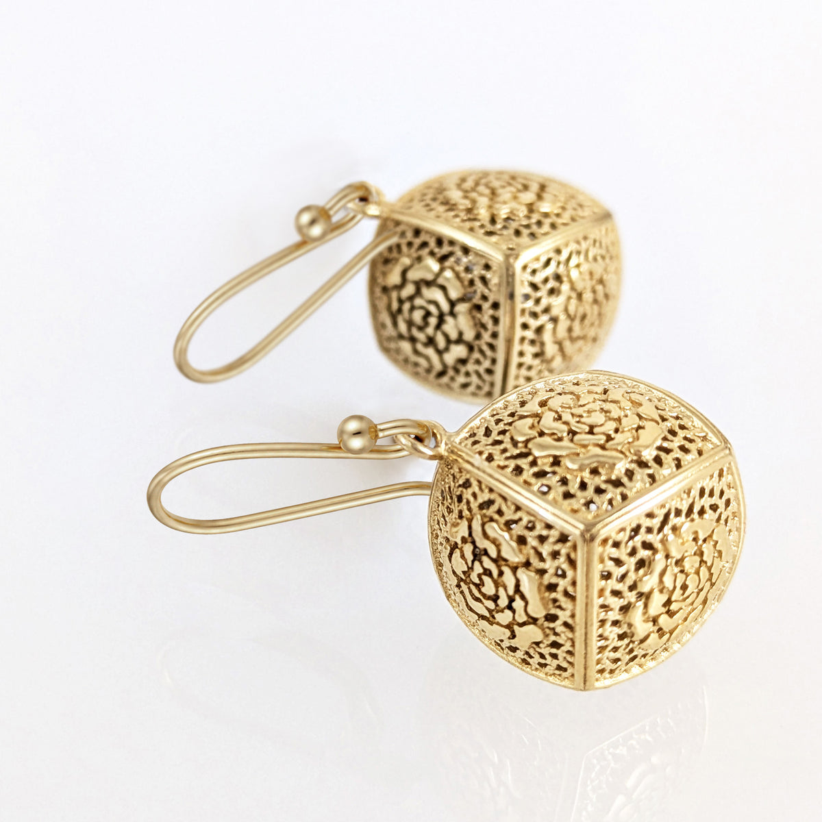 Rose Engraved Cube Drop Earrings – Floral Openwork Design