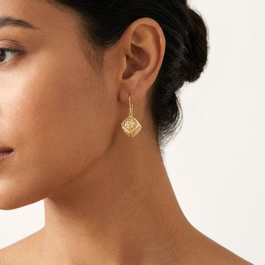Rose Engraved Cube Drop Earrings – Floral Openwork Design