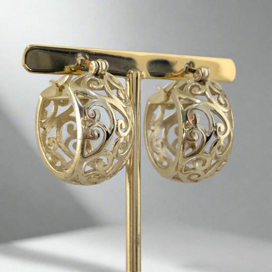 Swirl Pattern Hoop Earrings with Open Filigree Design - TurkishBling
