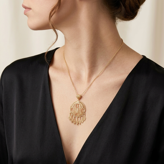 Gold Filigree Pendant Necklace Charm 18k Gold Over Bronze Large Statement Pendant Ottoman Style Jewelry
