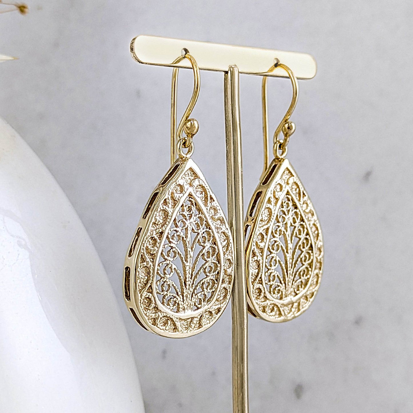Teardrop Filigree Drop Earrings – Elegant Openwork Design - TurkishBling
