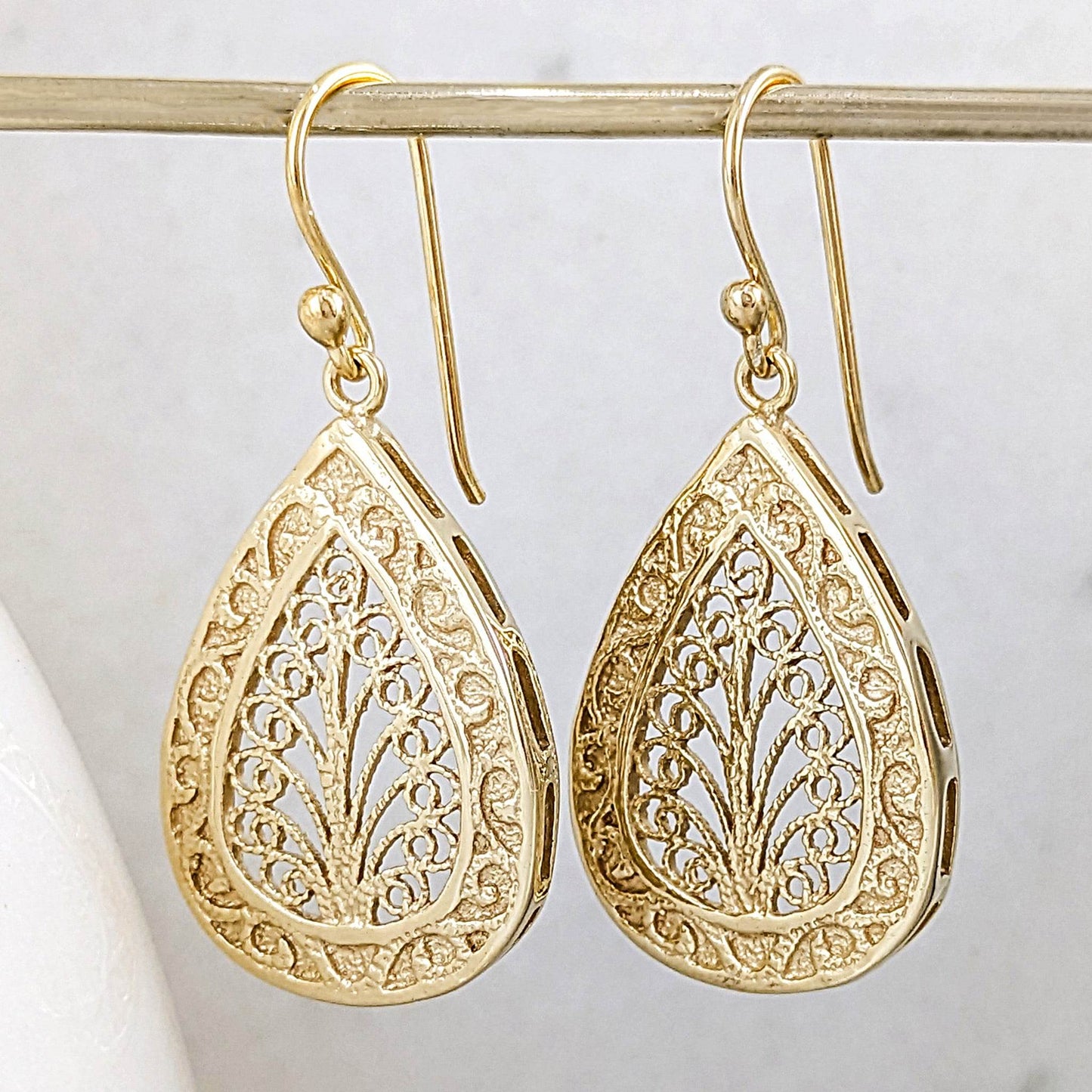 Teardrop Filigree Drop Earrings – Elegant Openwork Design - TurkishBling