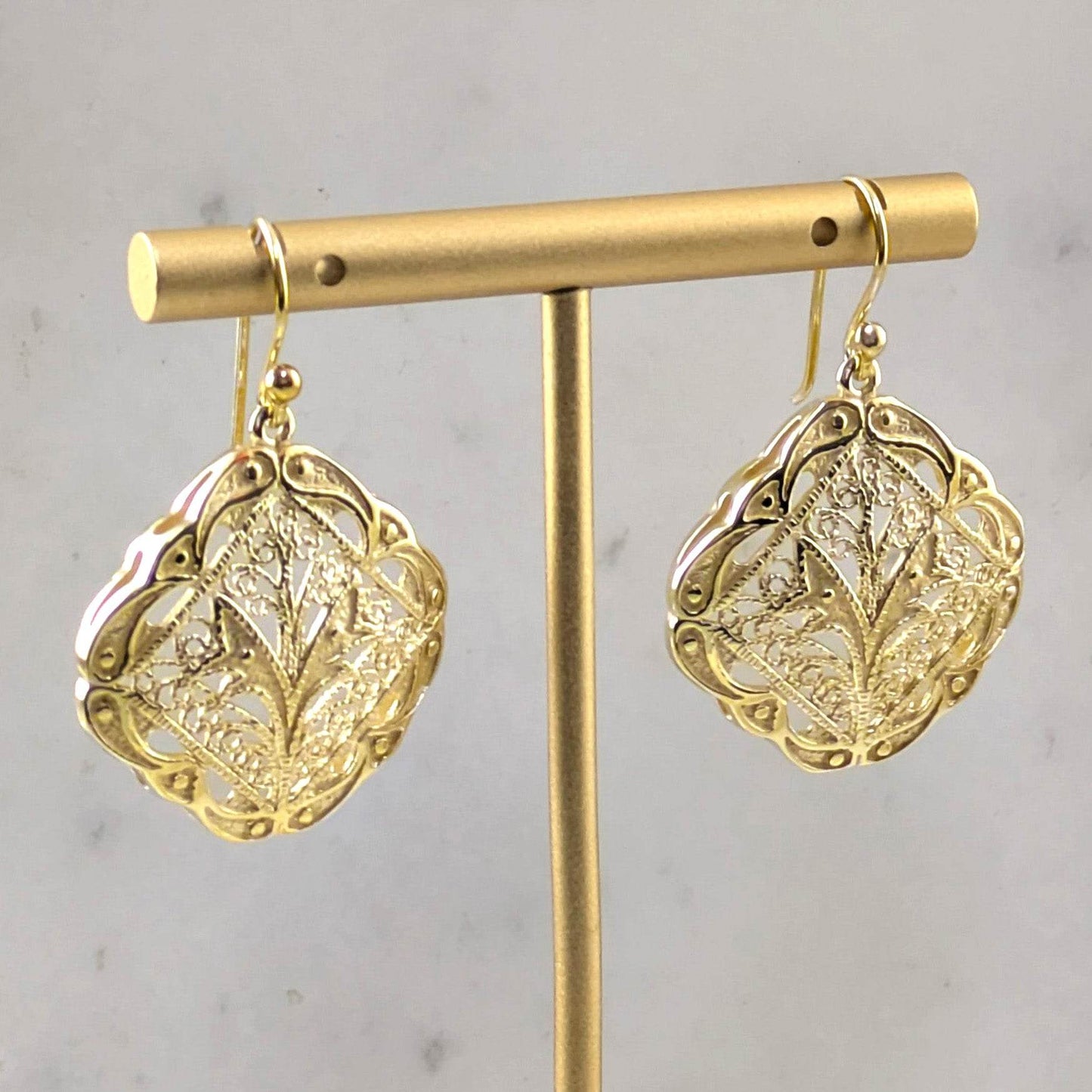 Ornate Filigree Dangle Earrings with Etruscan Detailed Borders - TurkishBling