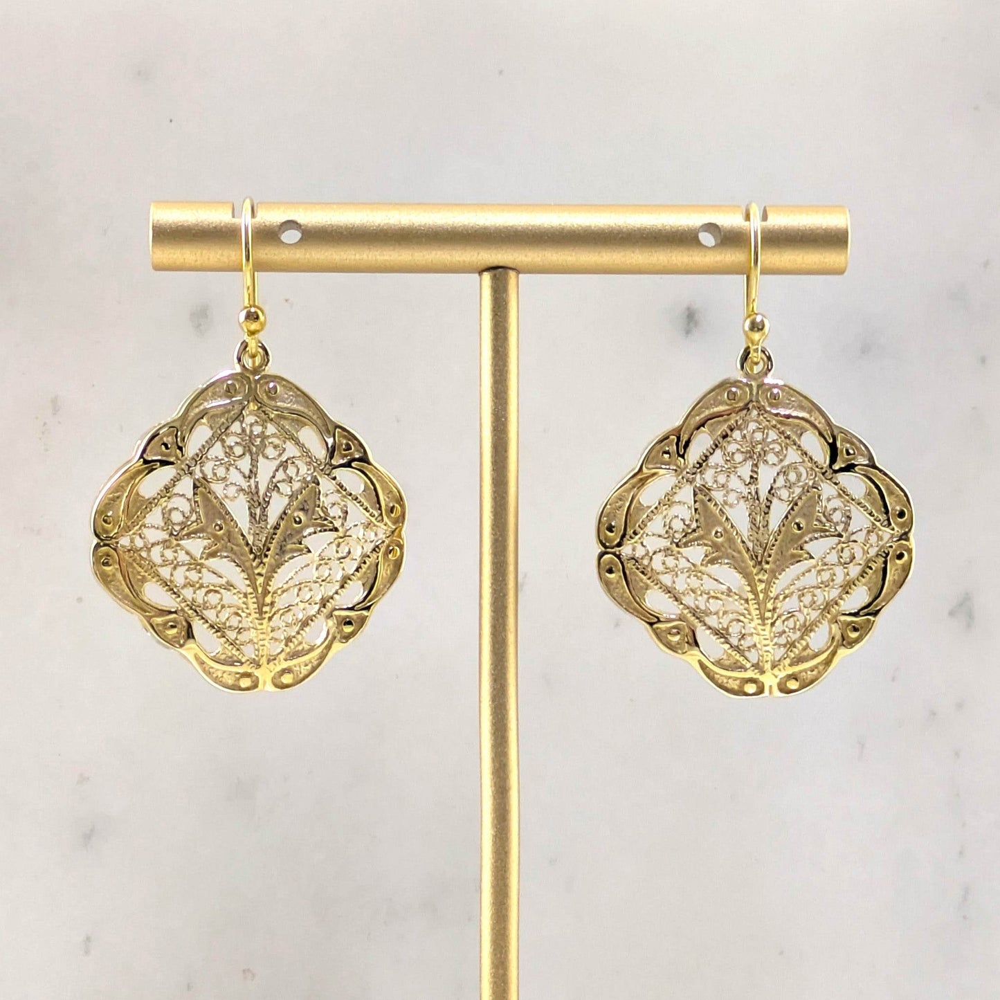 Ornate Filigree Dangle Earrings with Etruscan Detailed Borders - TurkishBling