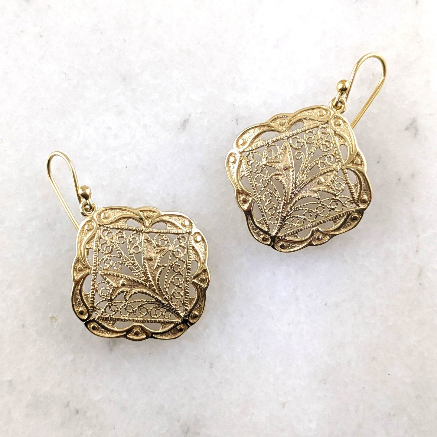 Ornate Filigree Dangle Earrings with Etruscan Detailed Borders - TurkishBling