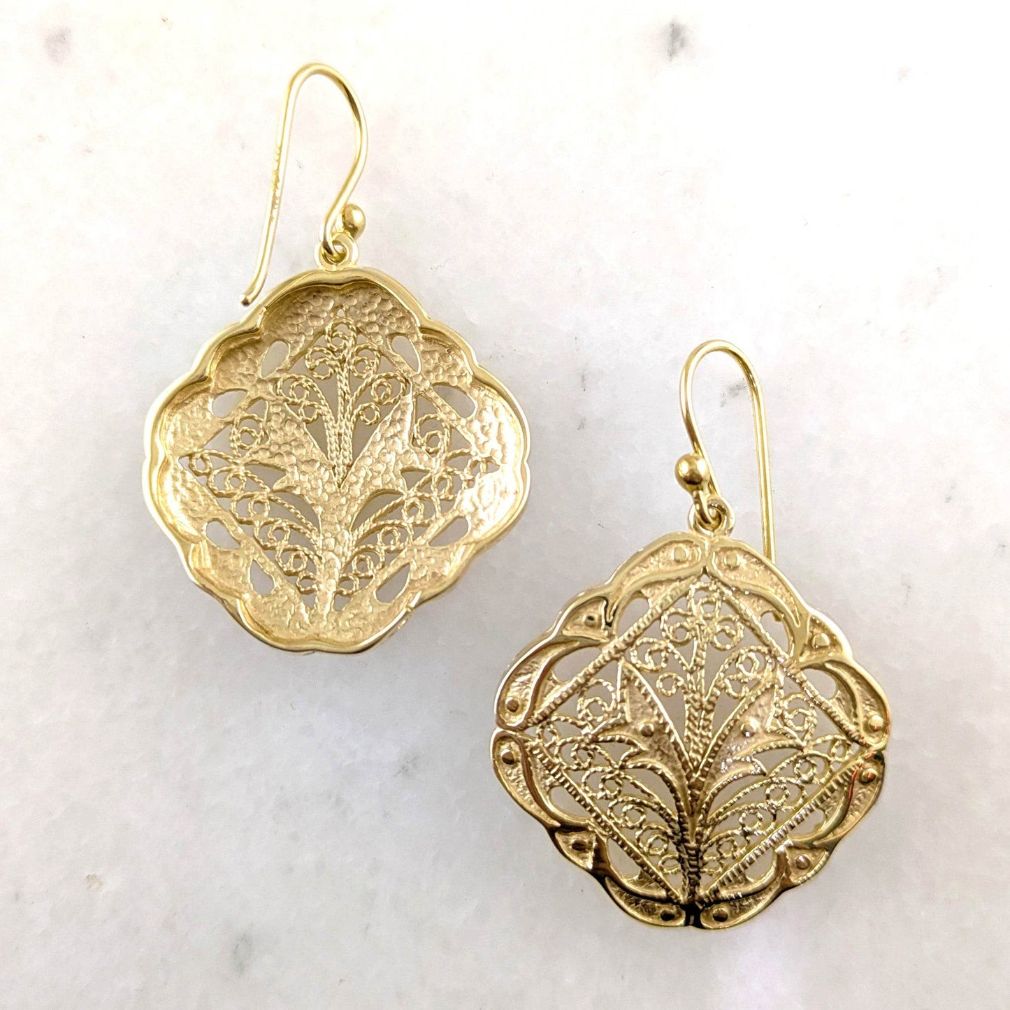 Ornate Filigree Dangle Earrings with Etruscan Detailed Borders - TurkishBling