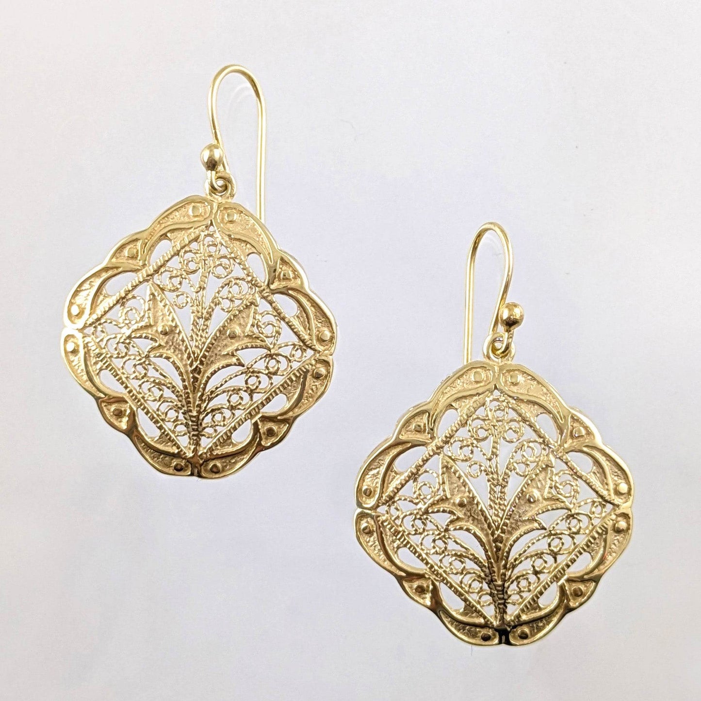 Ornate Filigree Dangle Earrings with Etruscan Detailed Borders - TurkishBling