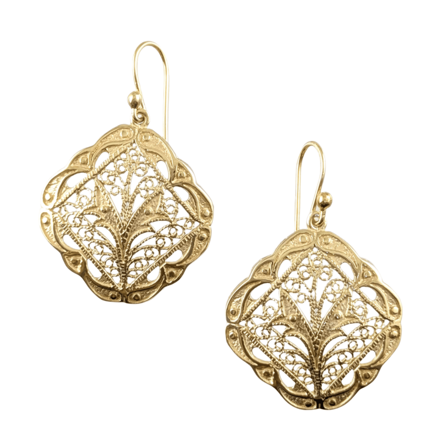 Ornate Filigree Dangle Earrings with Etruscan Detailed Borders - TurkishBling