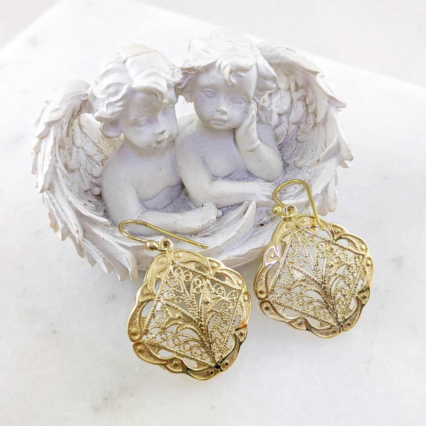 Ornate Filigree Dangle Earrings with Etruscan Detailed Borders - TurkishBling