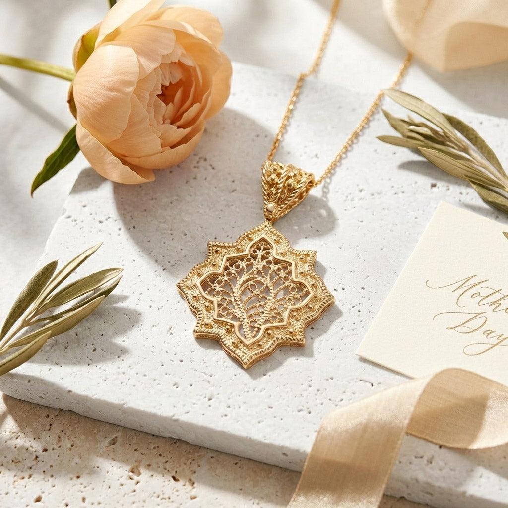 Ottoman Star Gold Pendant Filigree Charm 18k Gold Over Bronze Geometric Statement Pendant Turkish Jewelry