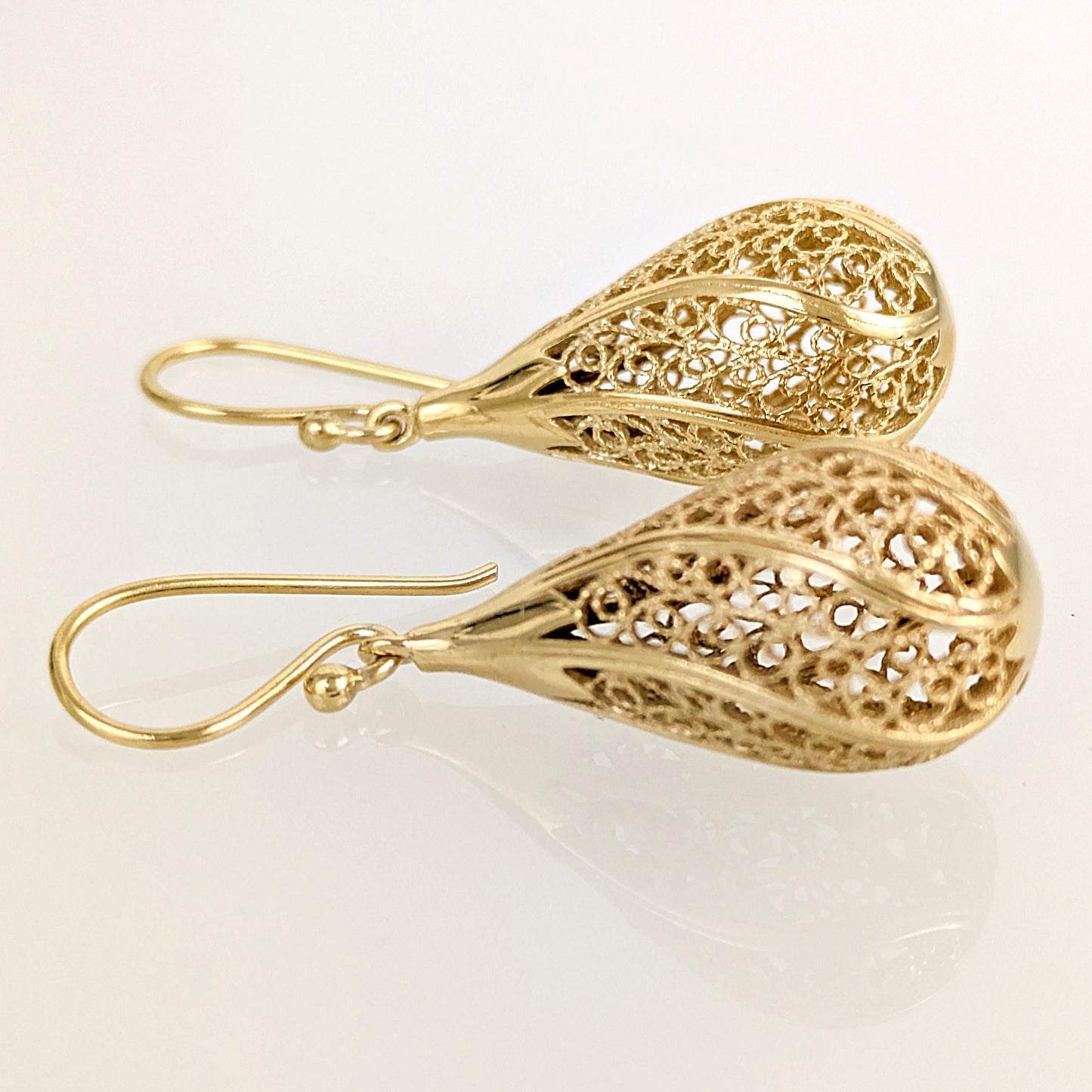 Gold Teardrop Filigree Drop Earrings – 18k Gold over Bronze