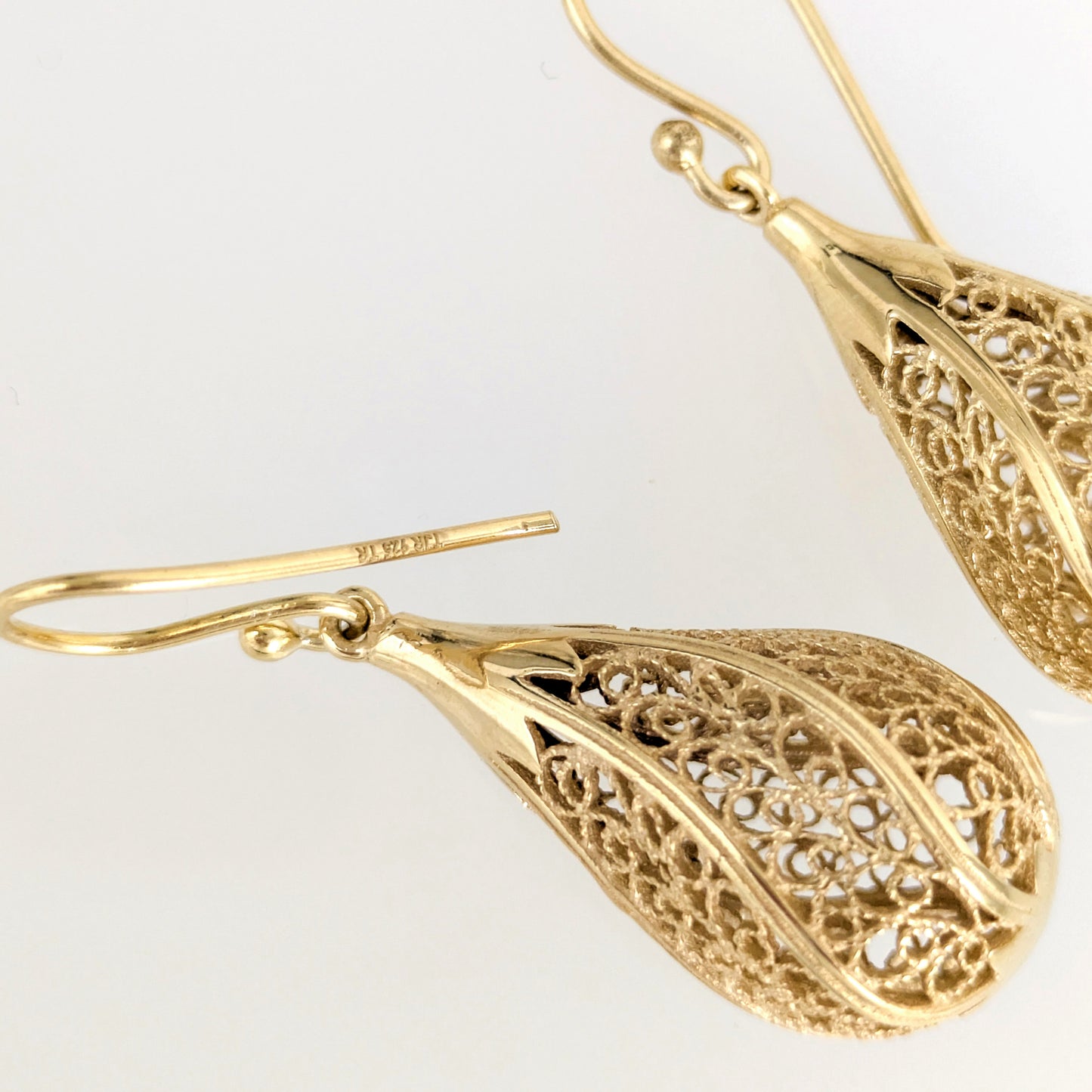 Gold Teardrop Filigree Drop Earrings – 18k Gold over Bronze