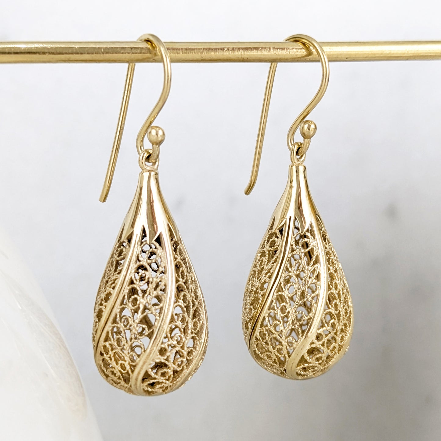Gold Teardrop Filigree Drop Earrings – 18k Gold over Bronze