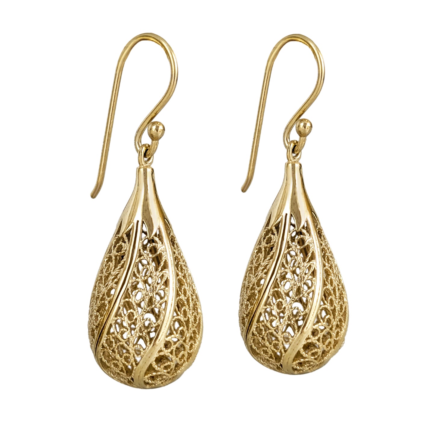 Gold Teardrop Filigree Drop Earrings – 18k Gold over Bronze