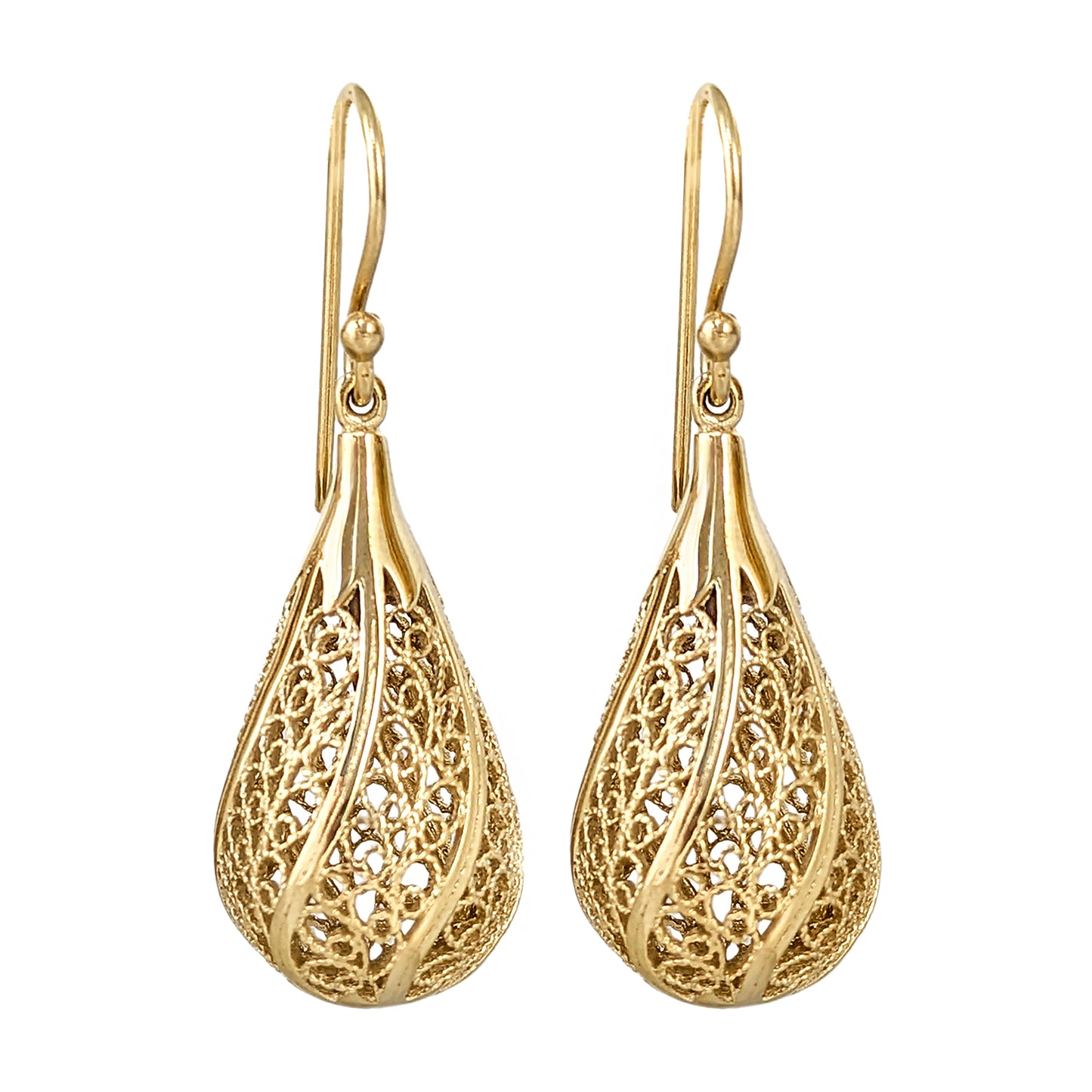 Gold Teardrop Filigree Drop Earrings – 18k Gold over Bronze