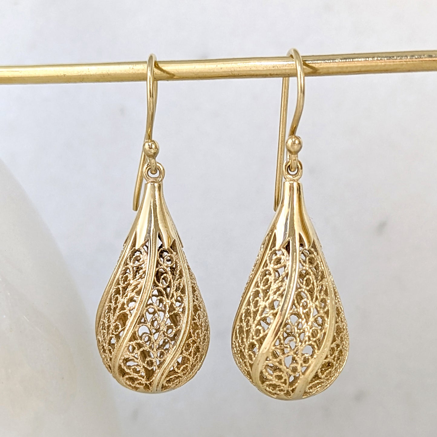 Gold Teardrop Filigree Drop Earrings – 18k Gold over Bronze