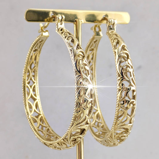 Large Graduated Hoop Earrings with Scrollwork Detailing – 35mm Design - TurkishBling