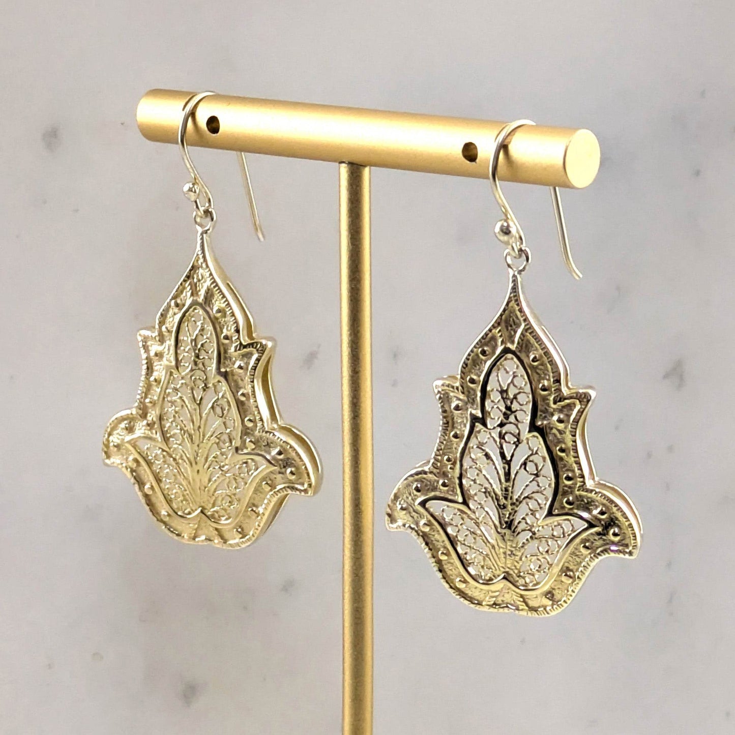 Ornate Filigree Dangle Earrings with Floral Tulip Motif - TurkishBling