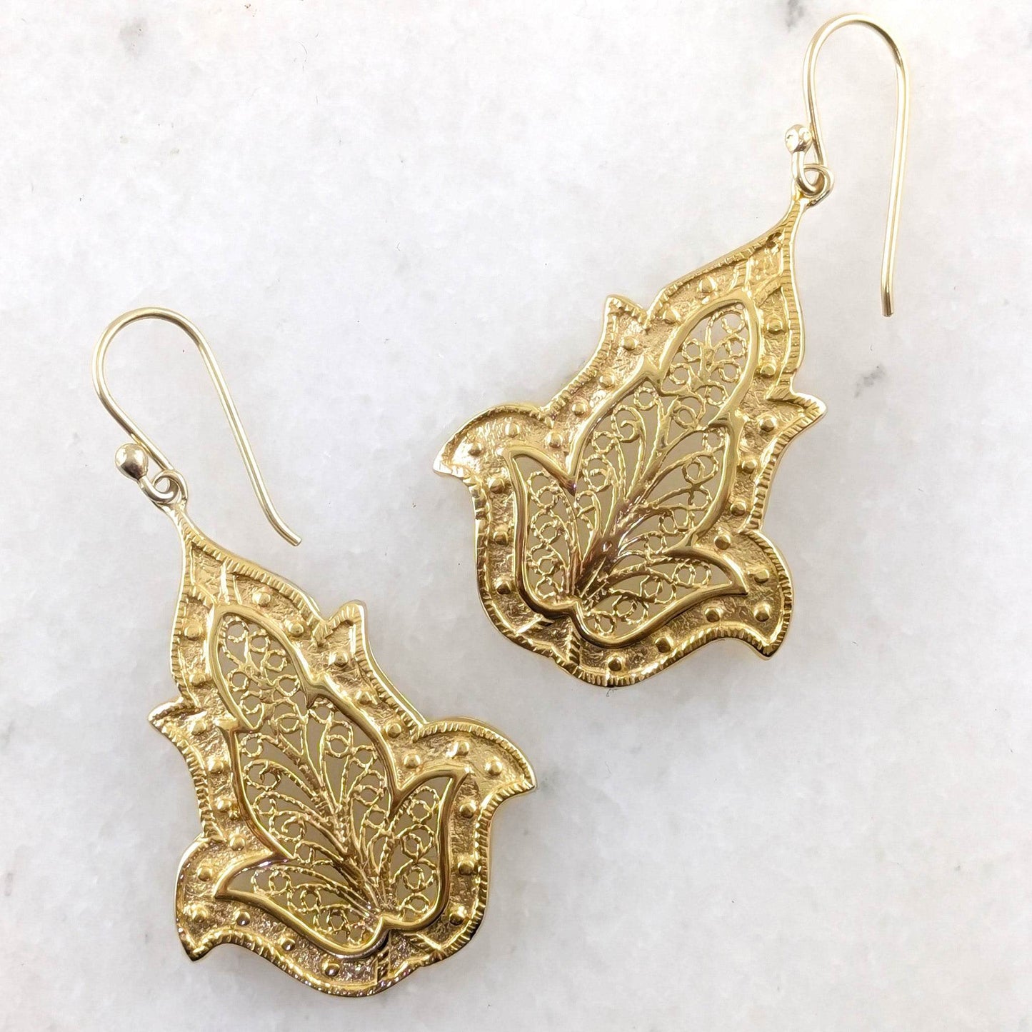 Ornate Filigree Dangle Earrings with Floral Tulip Motif - TurkishBling