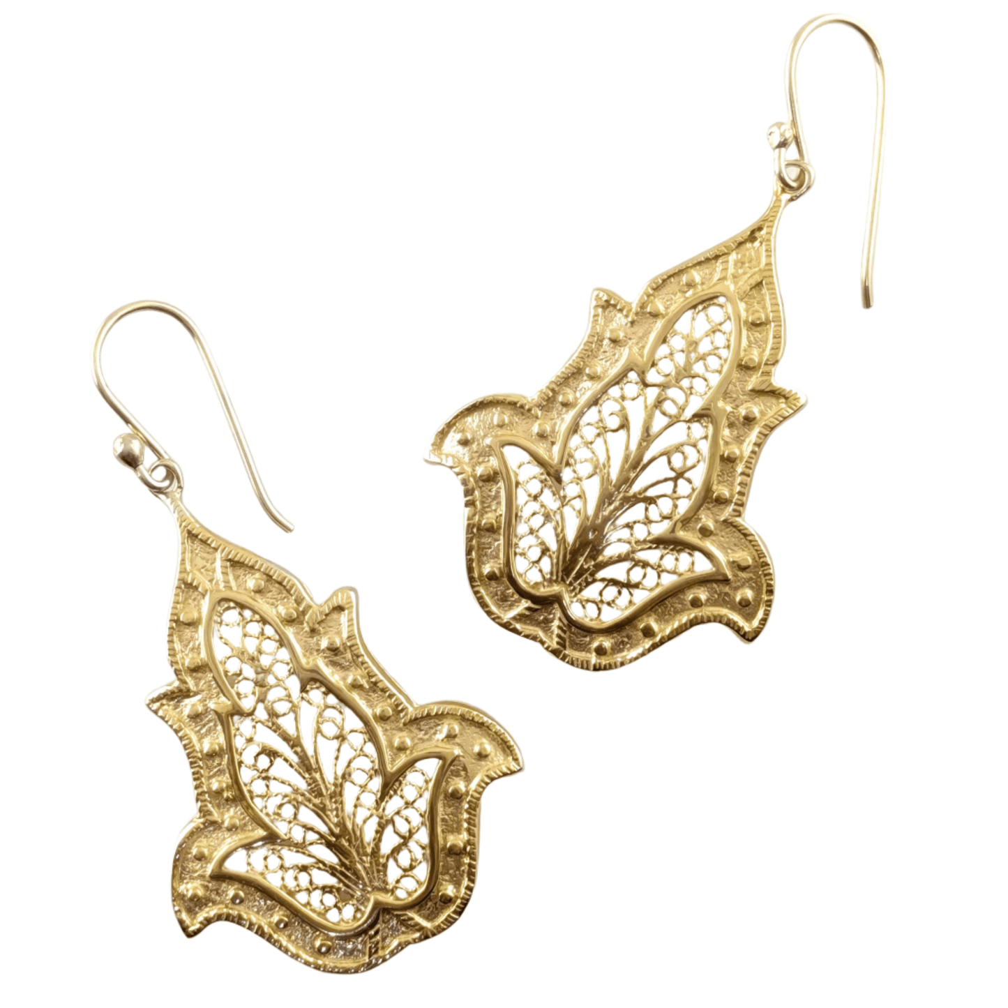 Ornate Filigree Dangle Earrings with Floral Tulip Motif - TurkishBling