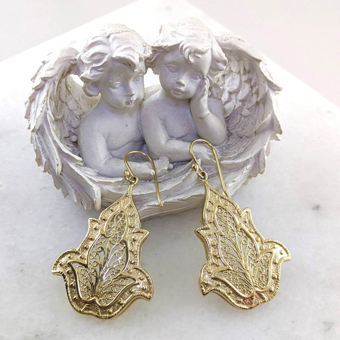 Ornate Filigree Dangle Earrings with Floral Tulip Motif - TurkishBling
