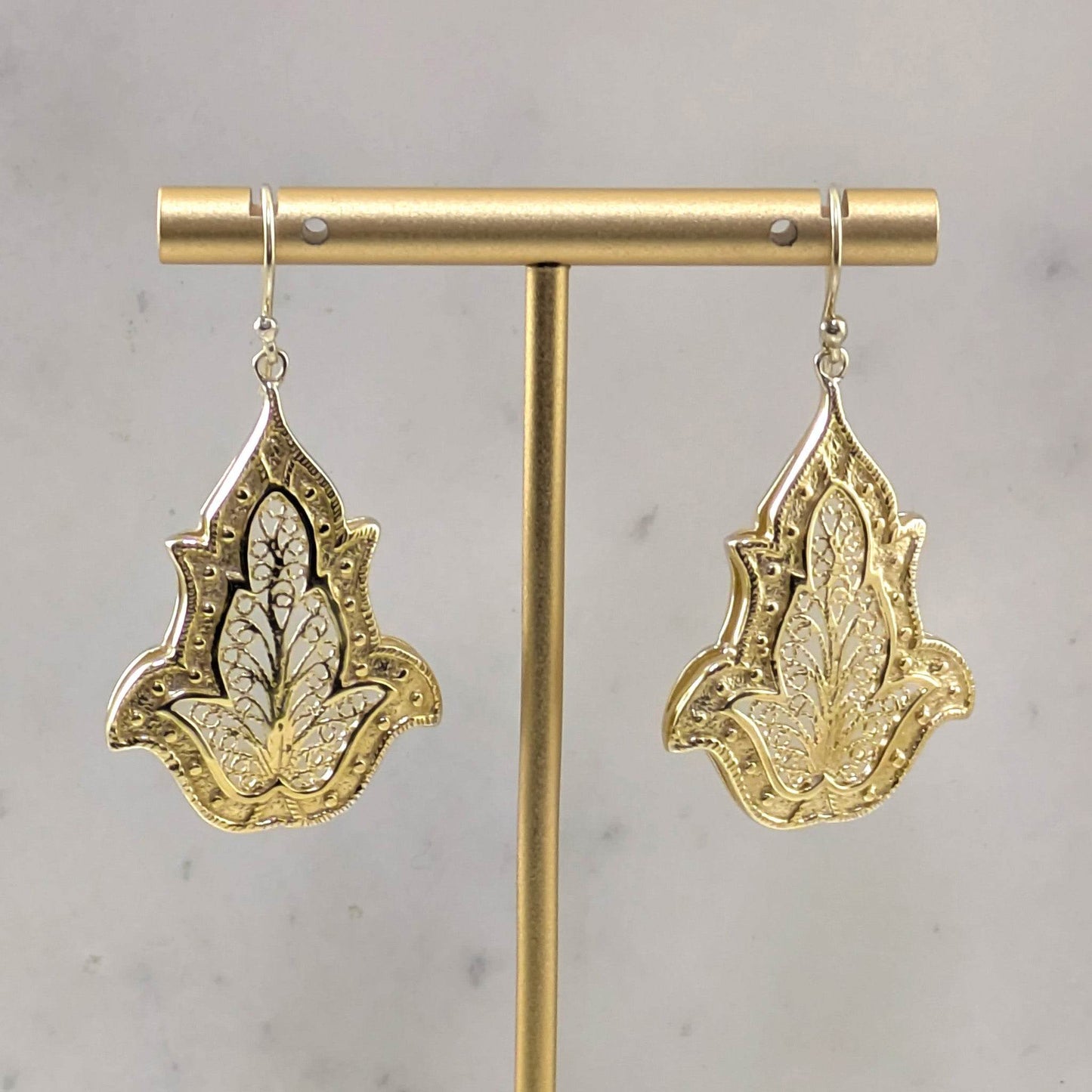 Ornate Filigree Dangle Earrings with Floral Tulip Motif - TurkishBling
