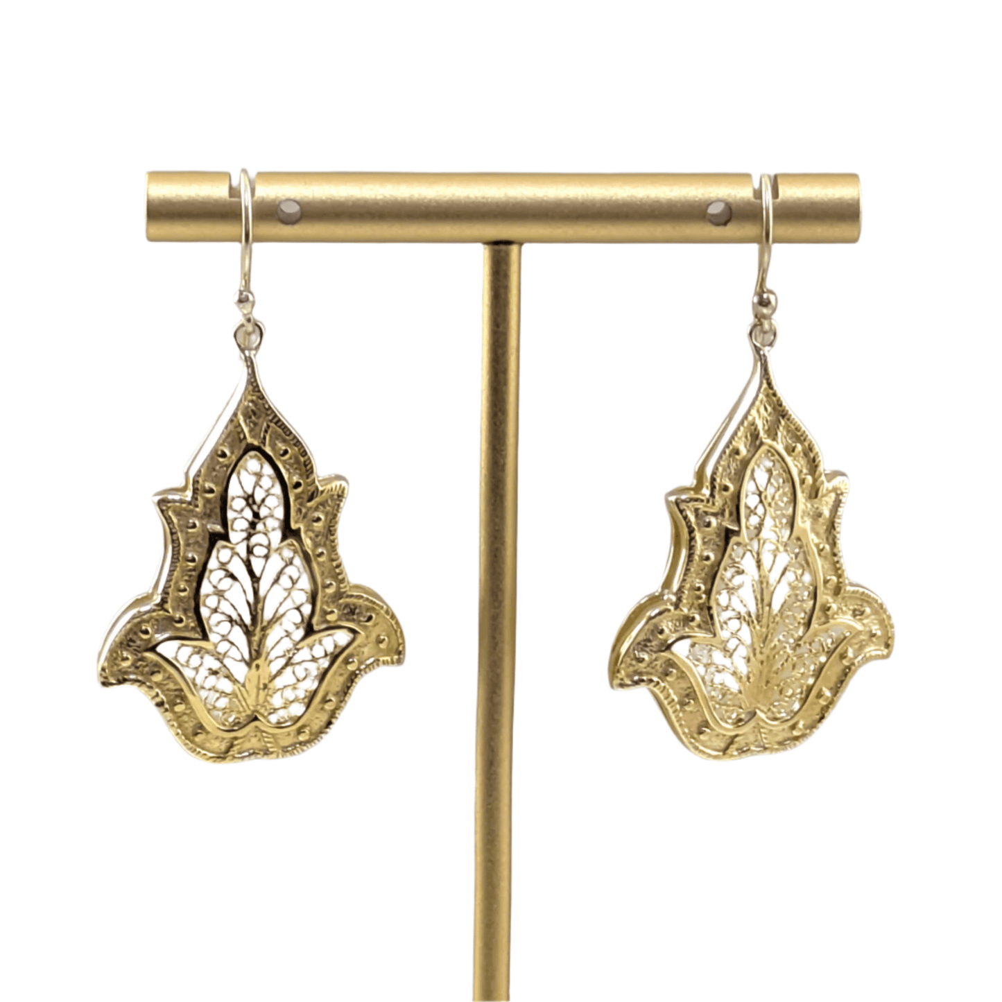 Ornate Filigree Dangle Earrings with Floral Tulip Motif - TurkishBling