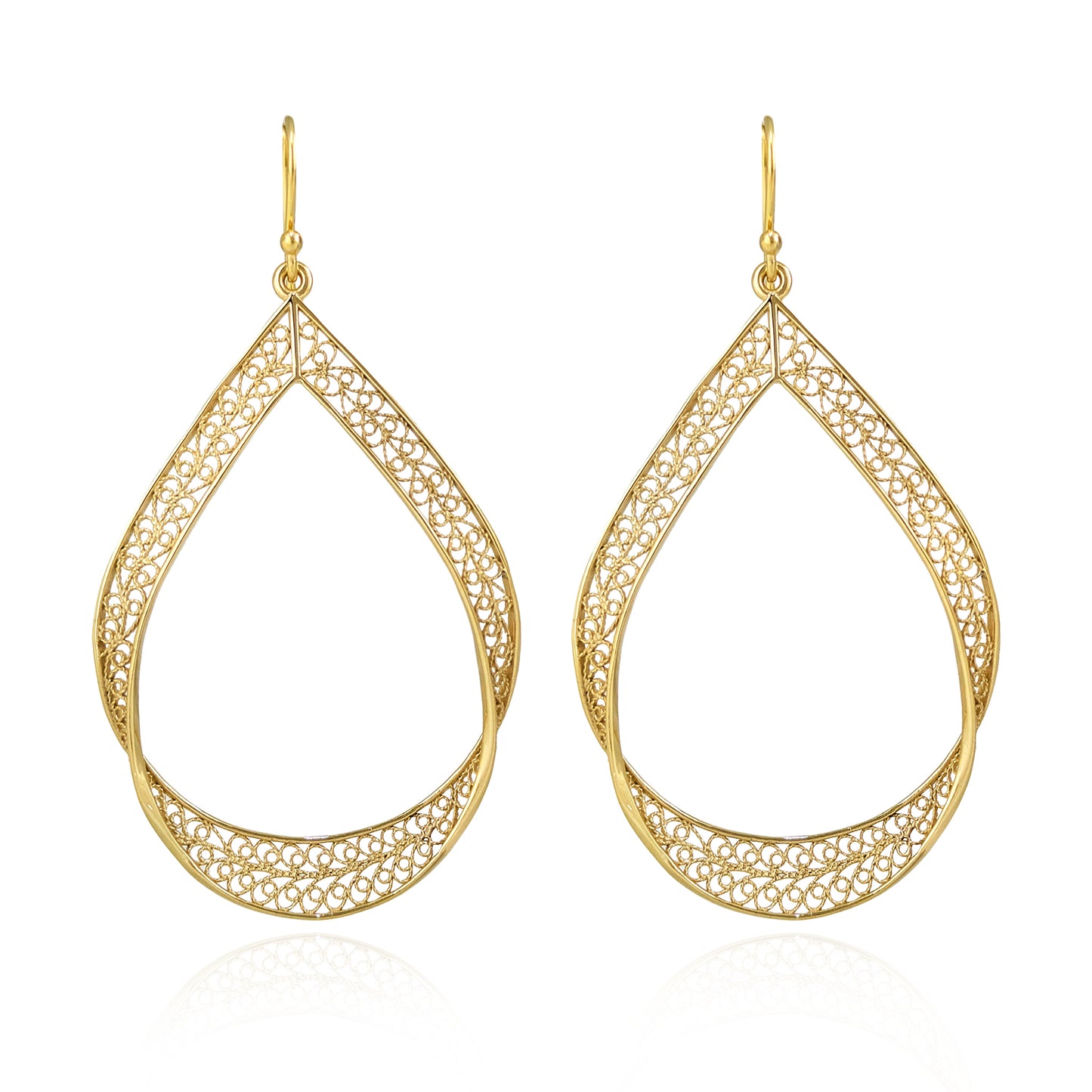 Elegant Gold Teardrop Filigree Earrings – Handcrafted Artisan Statement Dangles, Lightweight Jewelry