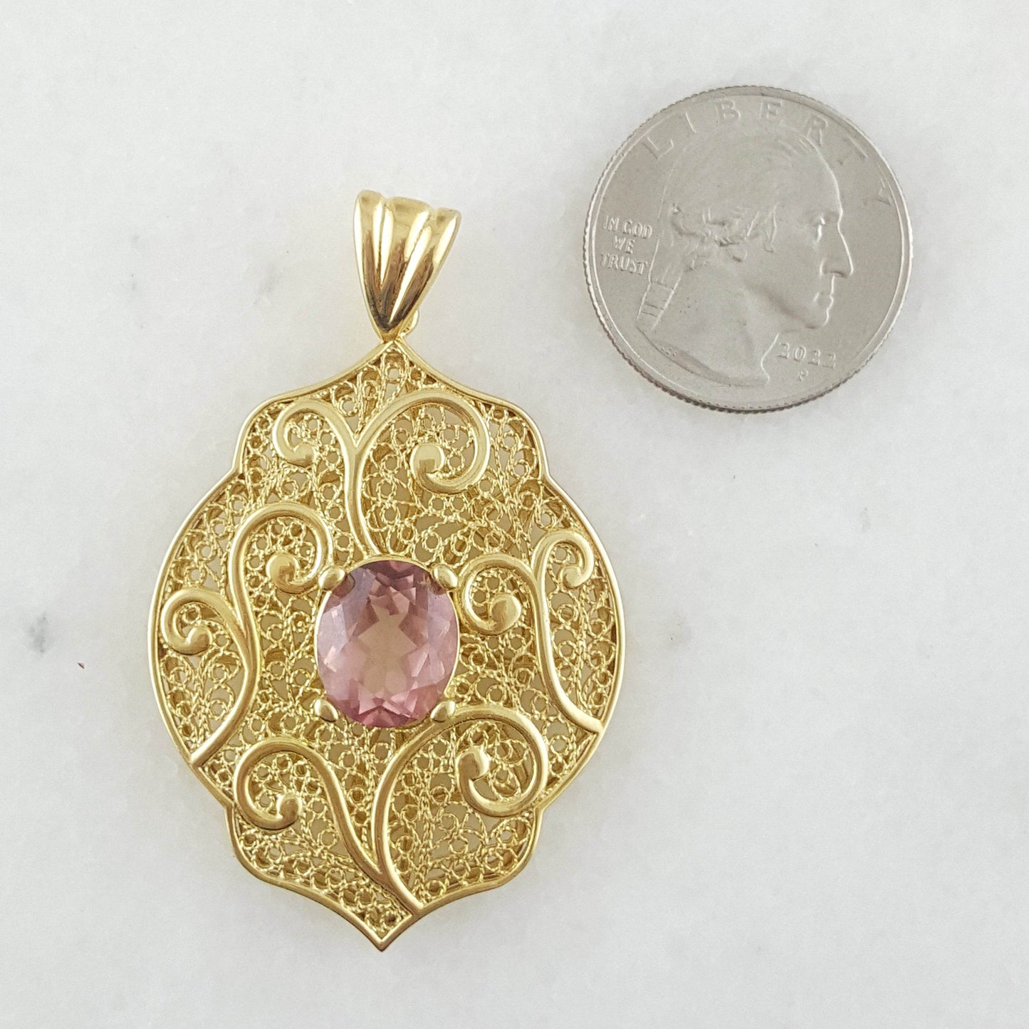 Filigree Pendant with Morganite-Colored Quartz – 10x14mm Gemstone - TurkishBling