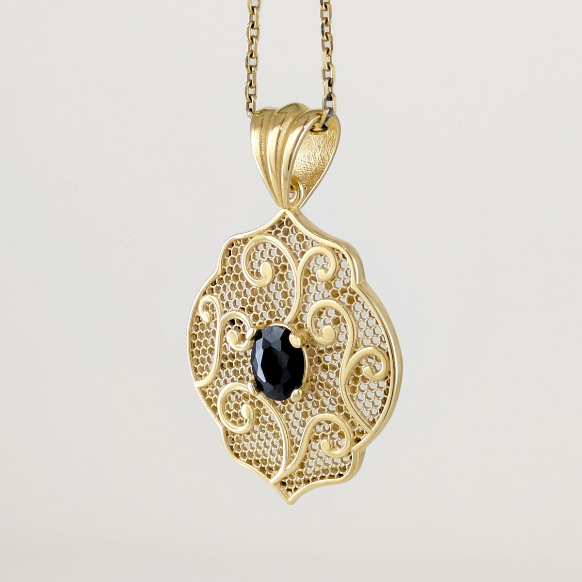 Scroll Pattern Pendant Black Spinel Statement Jewelry