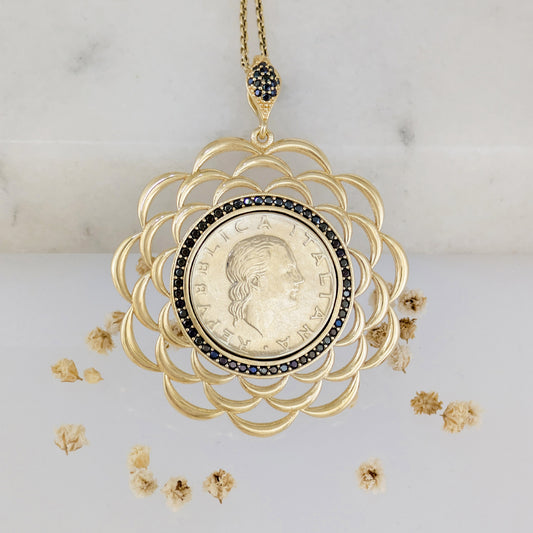 Black Spinel Halo Italian Coin Necklace Pendant – Handcrafted in Istanbul