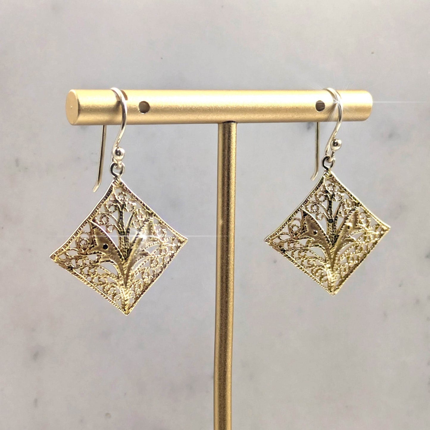 Filigree Diamond-Shaped Drop Earrings with Floral Scrollwork - TurkishBling