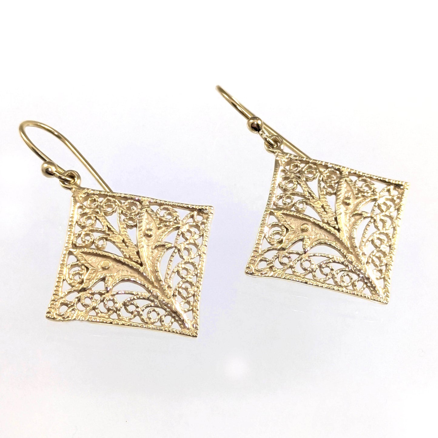 Filigree Diamond-Shaped Drop Earrings with Floral Scrollwork - TurkishBling