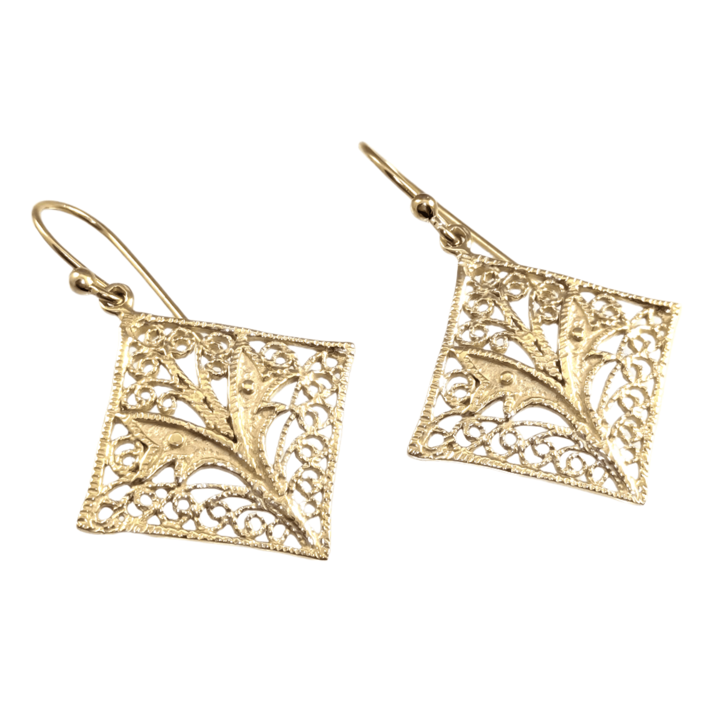 Filigree Diamond-Shaped Drop Earrings with Floral Scrollwork - TurkishBling