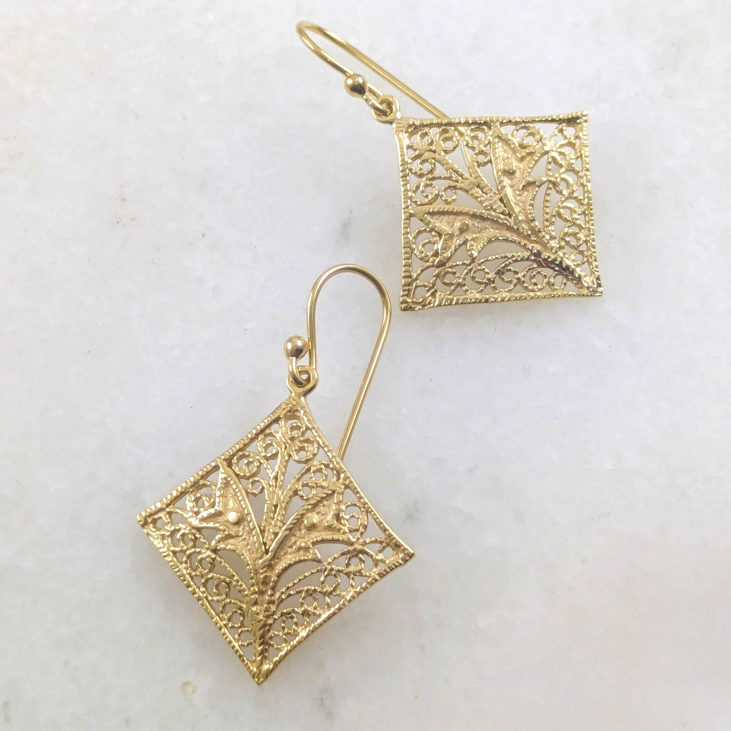 Filigree Diamond-Shaped Drop Earrings with Floral Scrollwork - TurkishBling