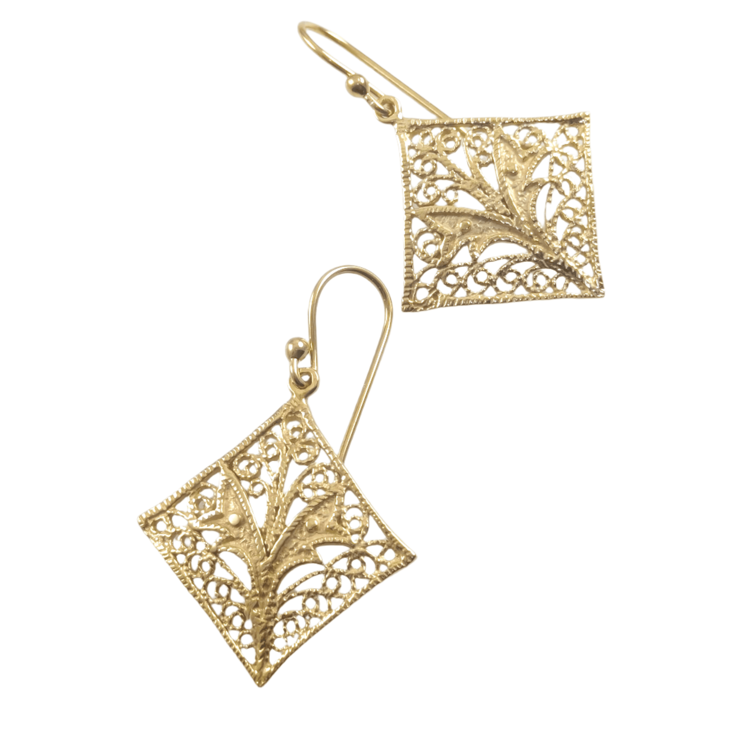 Filigree Diamond-Shaped Drop Earrings with Floral Scrollwork - TurkishBling